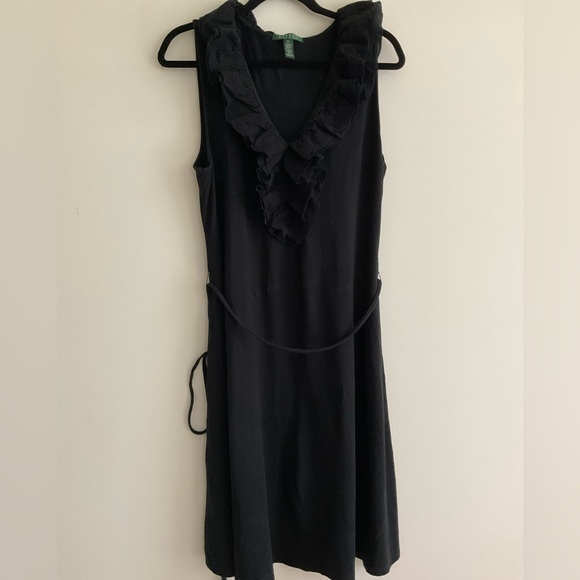 Lauren Ralph LRL Eyelet Lace Ruffle Black Midi Dress Preppy Coffee Brunch Date - Picture 7 of 16